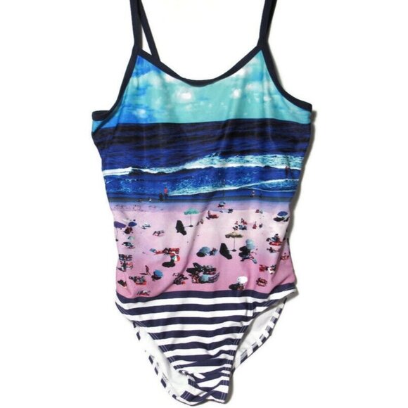 Girls Youth Swim Suit Old Navy One Piece Beach Scene Nautical Stripe L 10/12